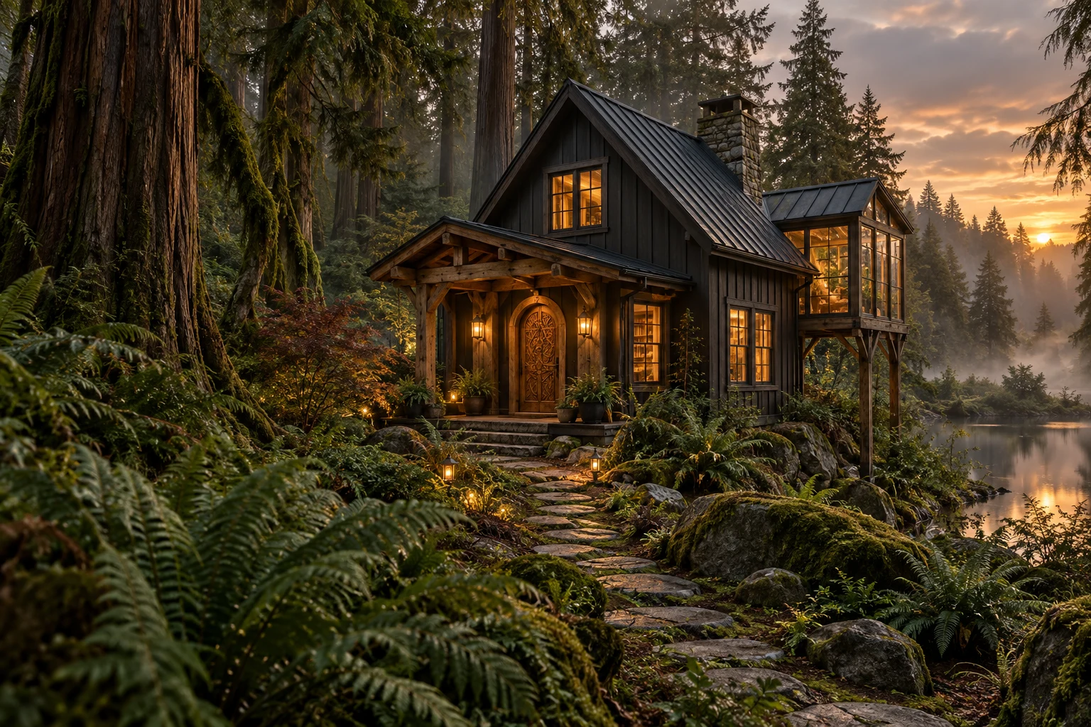 Concept illustration of a cedar-trimmed fairytale cabin glowing warmly beside a forest pond